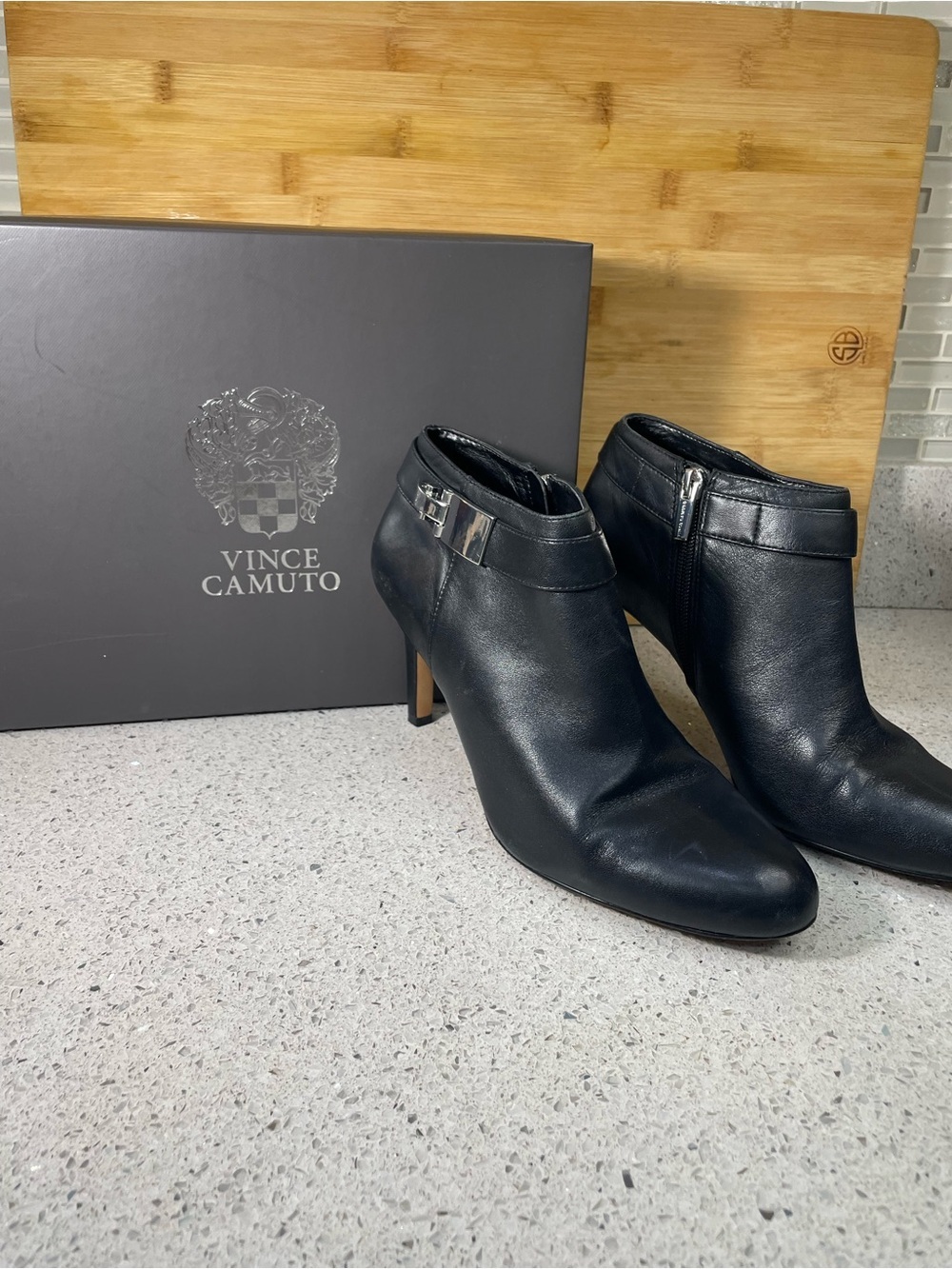 Vince Camuto Black Leather Ankle Booties with Silver Accent